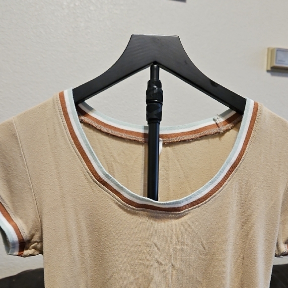 FP Movement by Free People Tan Cropped Ringer Tee with White and Rust Trim - Picture 2 of 8